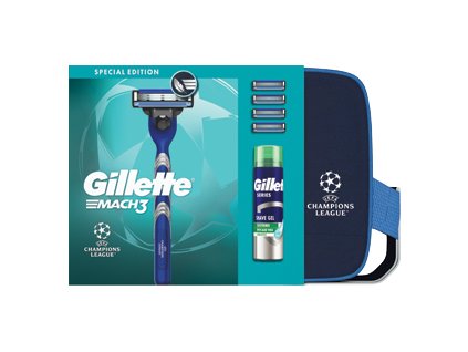 Zestaw prezentowy Gillette Mach3 dla mężczyzn (maszynka Gillette Mach3 + 4 wymienne głowice + żel do golenia Gillette Sensitive 200 ml + torebka)