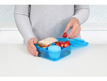 Pudełko na przekąski Sistema Lunch Bento Cube z pojemnikiem na jogurt i 2 tackami 1,25 l, niebieskie