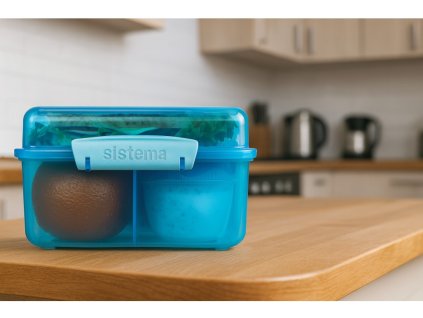 Cutie de prânz Sistema Lunch Cube Max cu gustări divizate și recipient pentru iaurt cu capac dublu, 2 l, albastră