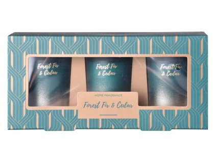 Lumânare parfumată Emocio, format din 3 bucăți, în cutie cadou, Brad de pădure și Cedru