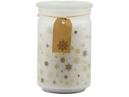 Lumânare parfumată Emocio în sticlă Magic Snowing 93×142 mm cu capac de sticlă – alb-auriu