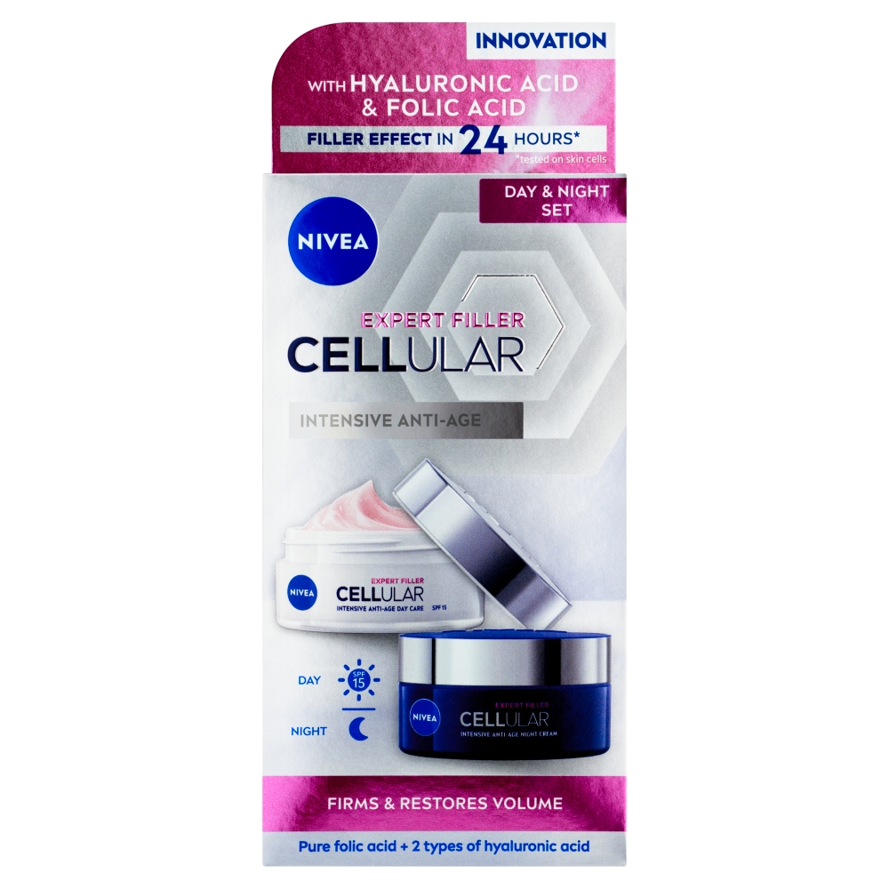 Beiersdorf Cremă de zi și noapte Nivea Cellular Filler Hyaluron pentru fermitate, pachet duo 2x50ml