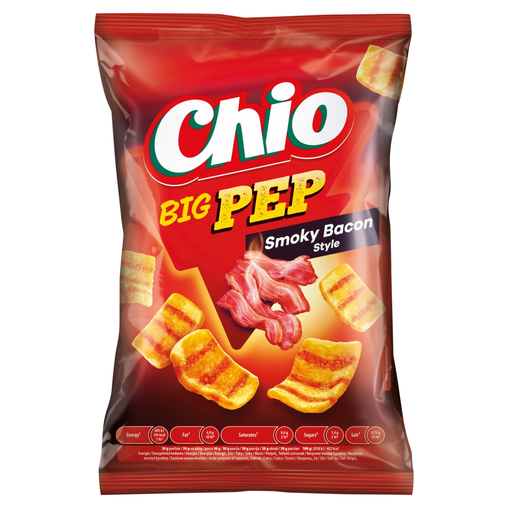 Gustare de cartofi prăjiți din grâu Chio Big Pep cu aromă de bacon afumat 65 g