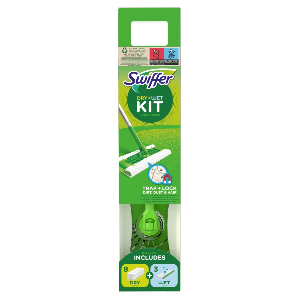 Set de măturat Swiffer pentru începători cu 1 x mâner + 8 x cârpe de praf + 3 x șervețele de curățare