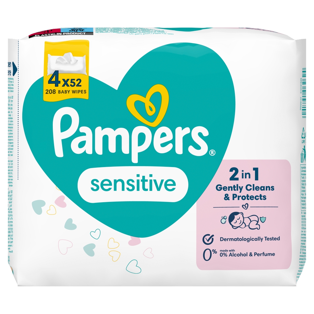 Șervețele umede Pampers Sensitive pentru bebeluși, 4 x 52 buc.
