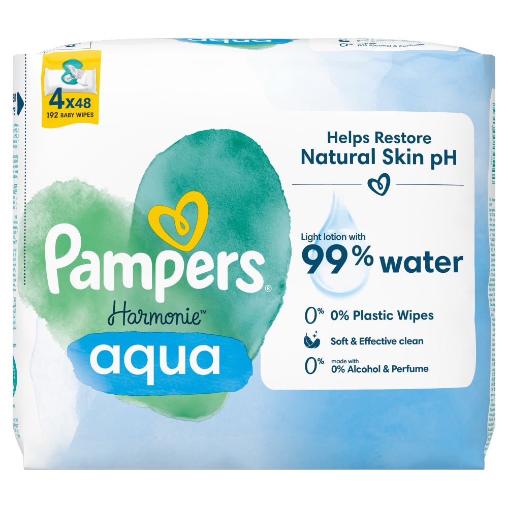 Șervețele umede de curățare Pampers Harmonie Aqua pentru bebeluși, 4 x 48 buc.
