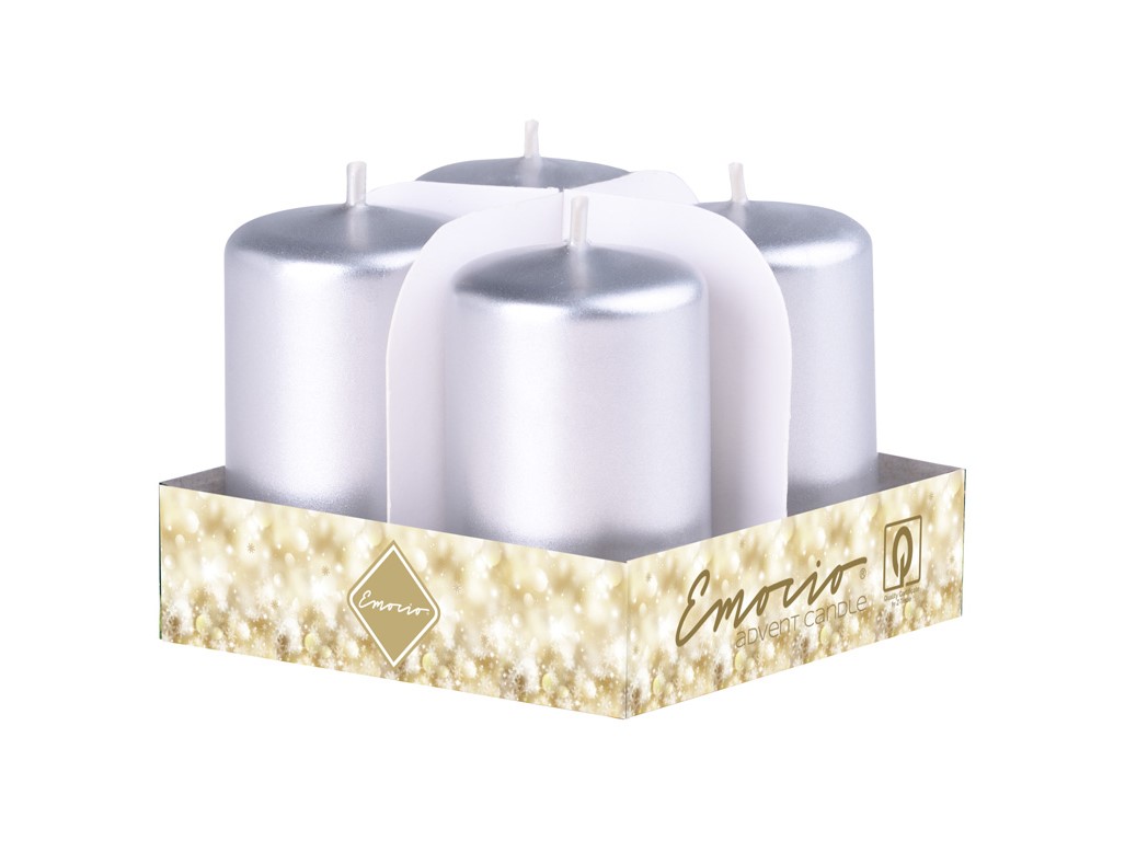 Lumânări cilindrice Emocio Advent argintii 4 buc 38x60