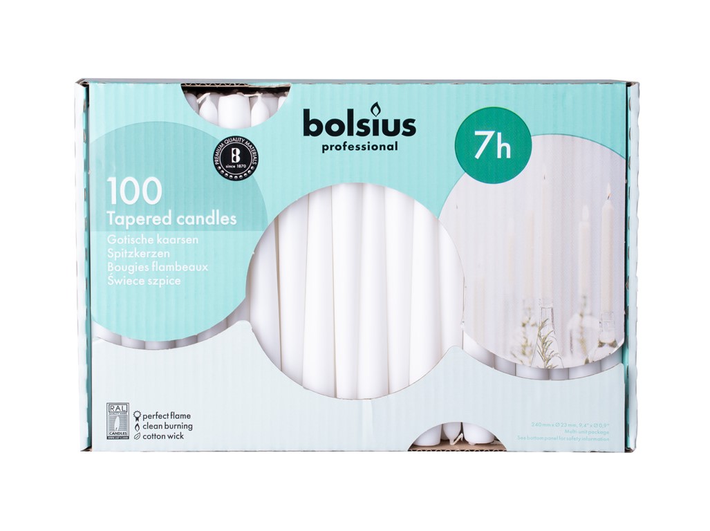 Lumânări conice Bolsius albe RAL 100 buc
