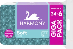Hârtie igienică Harmony Soft White cu 3 straturi, 30 de role, rolă de 15 m