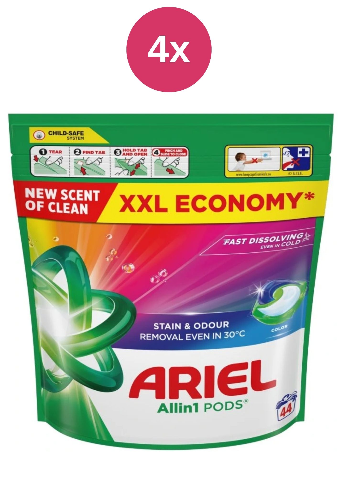 Capsule Ariel colorate, pungă 4x44 buc.