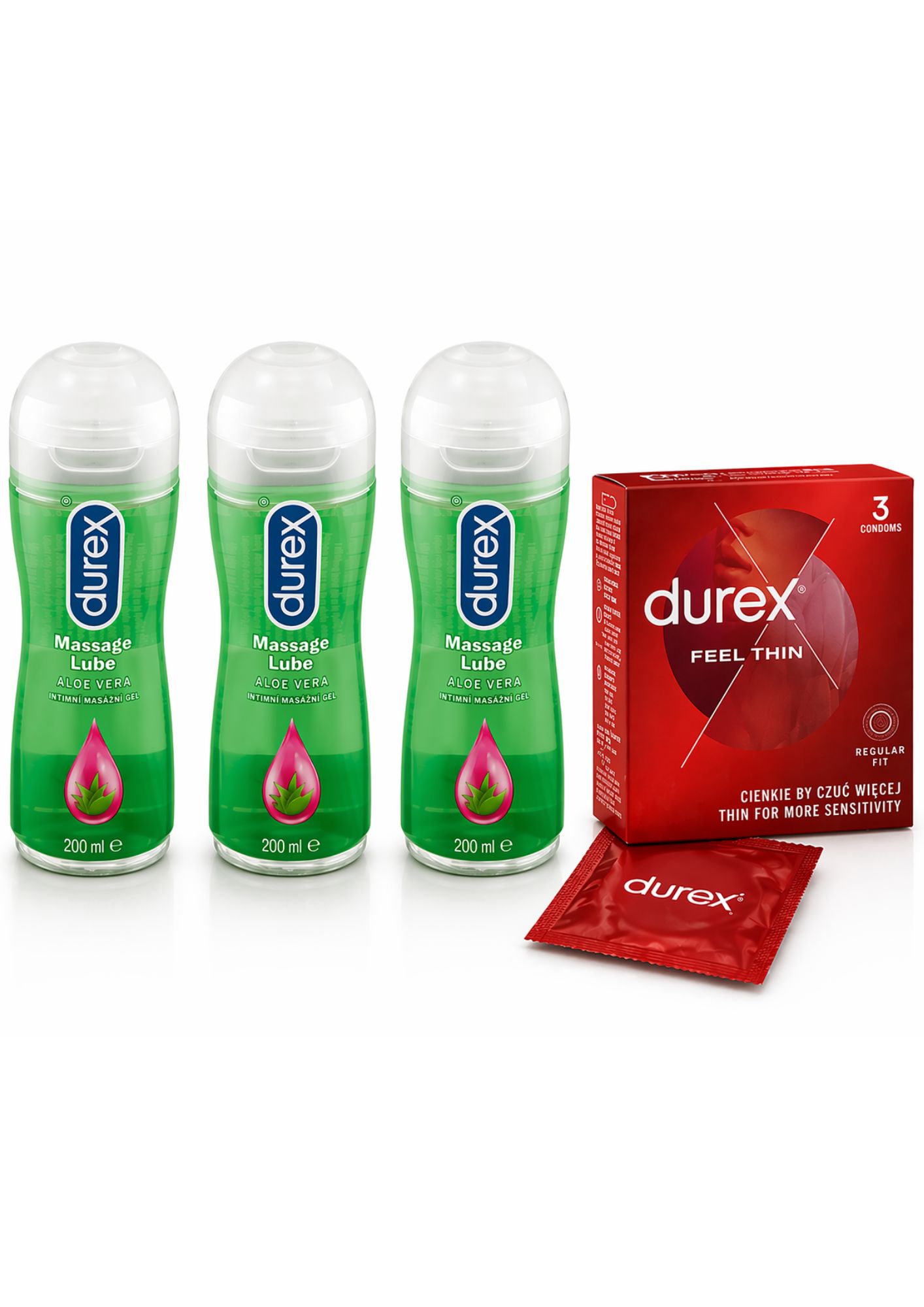 Lubrifiant Durex 3x200ml masaj 2 în 1 Aloe Vera + Prezervative Durex GRATUITE (3 buc/pachet)