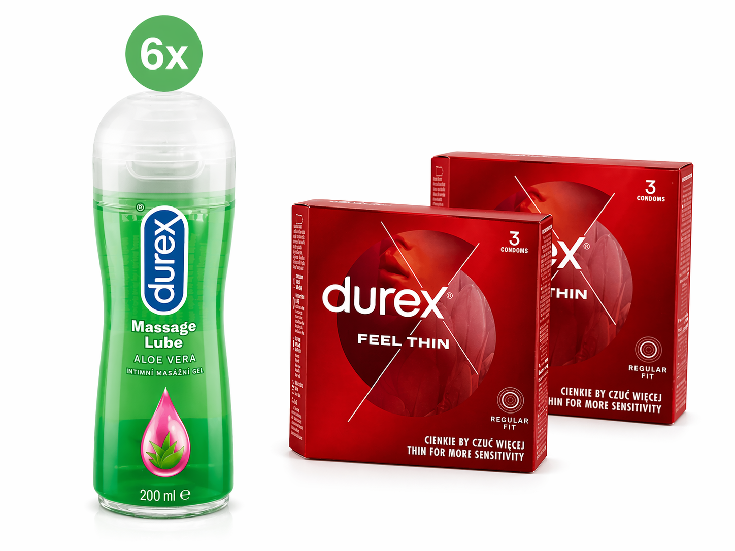 Lubrifiant Durex 6x200ml masaj 2 în 1 Aloe Vera + 2 prezervative Durex GRATUITE (3 buc/pachet)