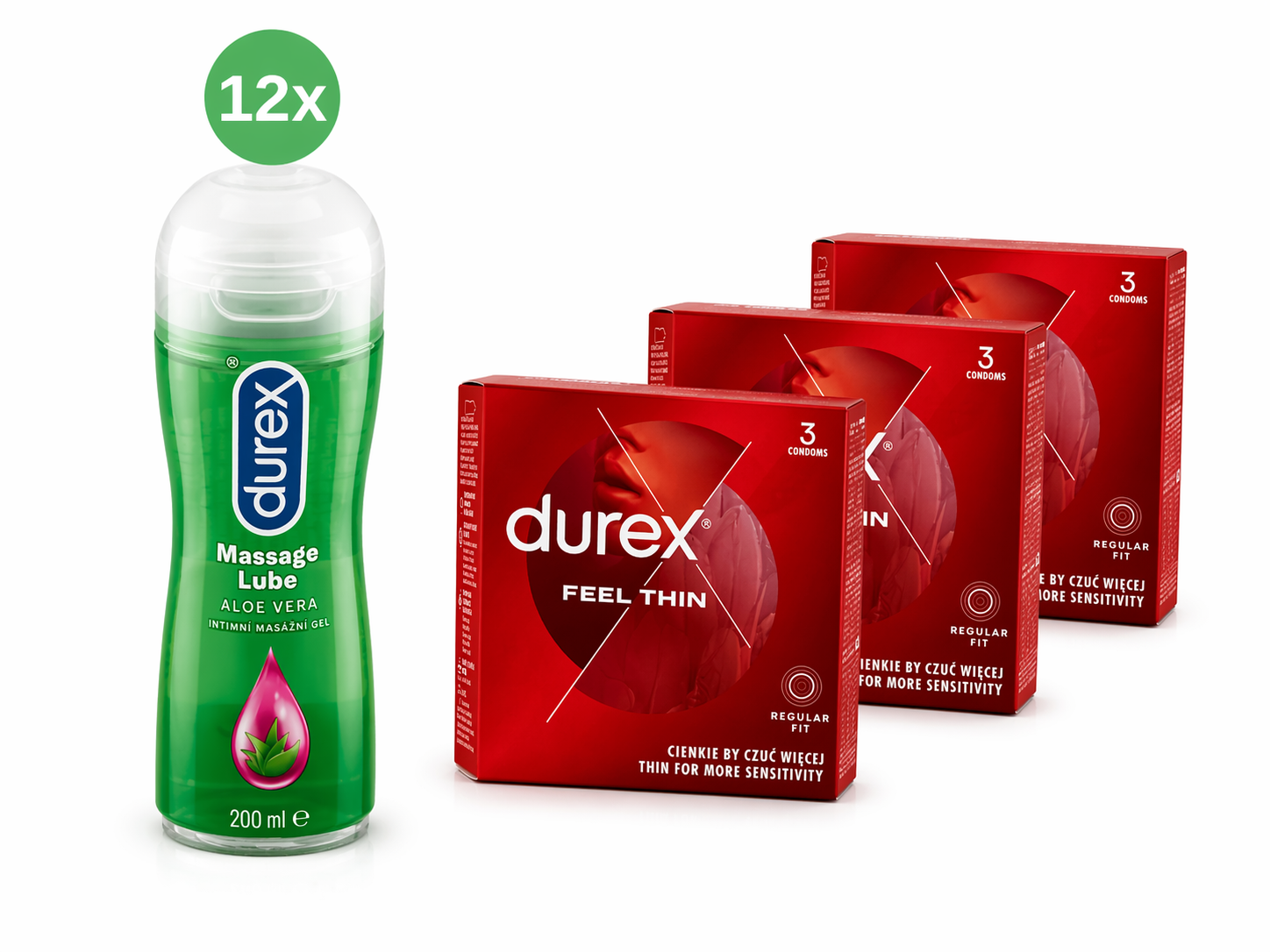 Lubrifiant Durex 12x200ml masaj 2 în 1 Aloe Vera + 3 prezervative Durex GRATUITE (3 buc/pachet)