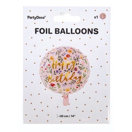 Balon folie PARTY DECO „La mulți ani” roz floral 35 cm 1 buc