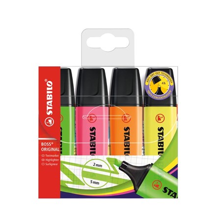 Mix evidențiator STABILO BOSS ORIGINAL (galben, portocaliu, verde, roz) cutie 4 buc.