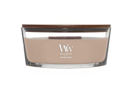Sveča WoodWick Patchouli Créme v obliki čolna