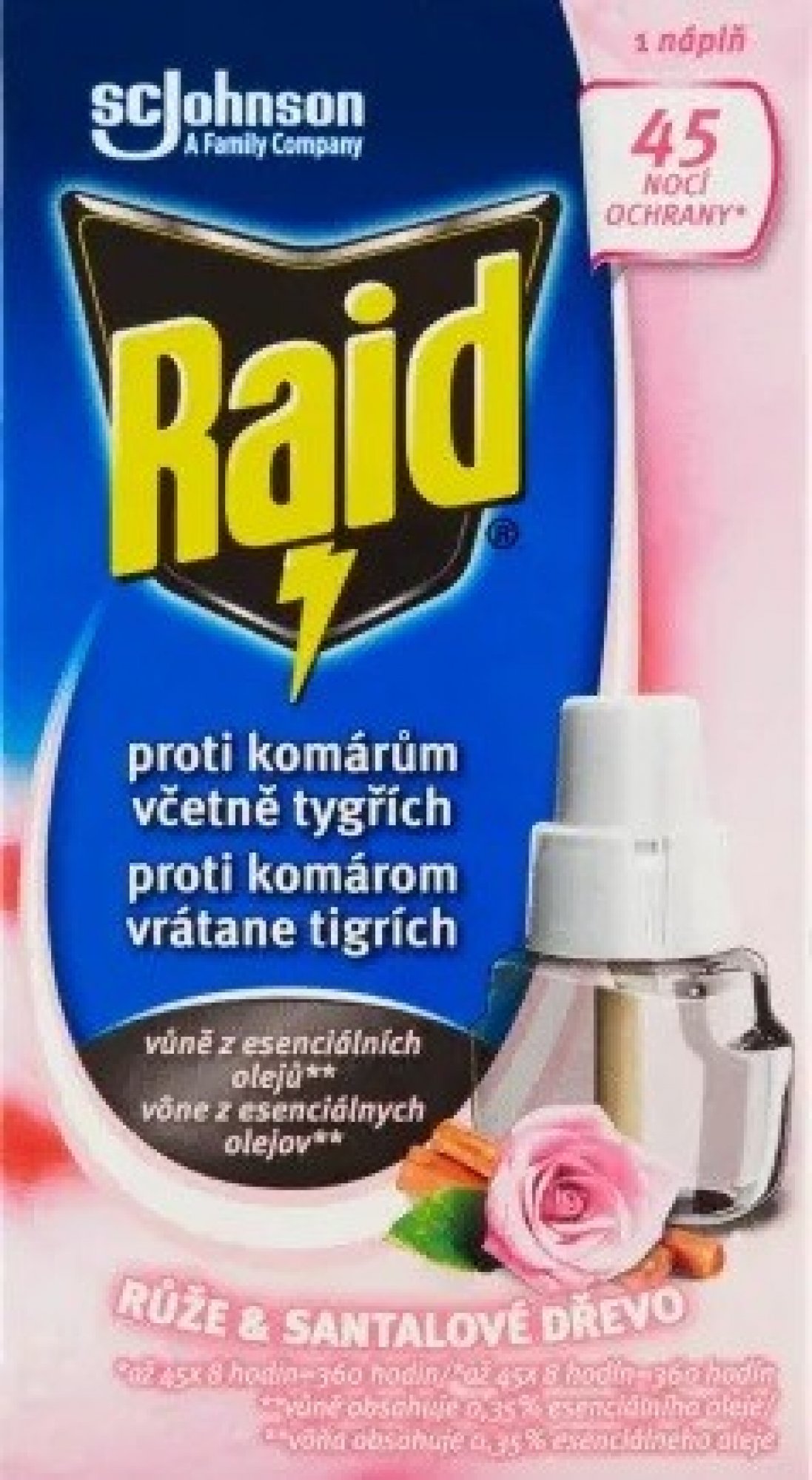 S.C. Johnson Raid odparovač tekutý proti komárom náhradná náplň do elektrického strojčeka ruže a santalové drevo 45 nocí 27 ml