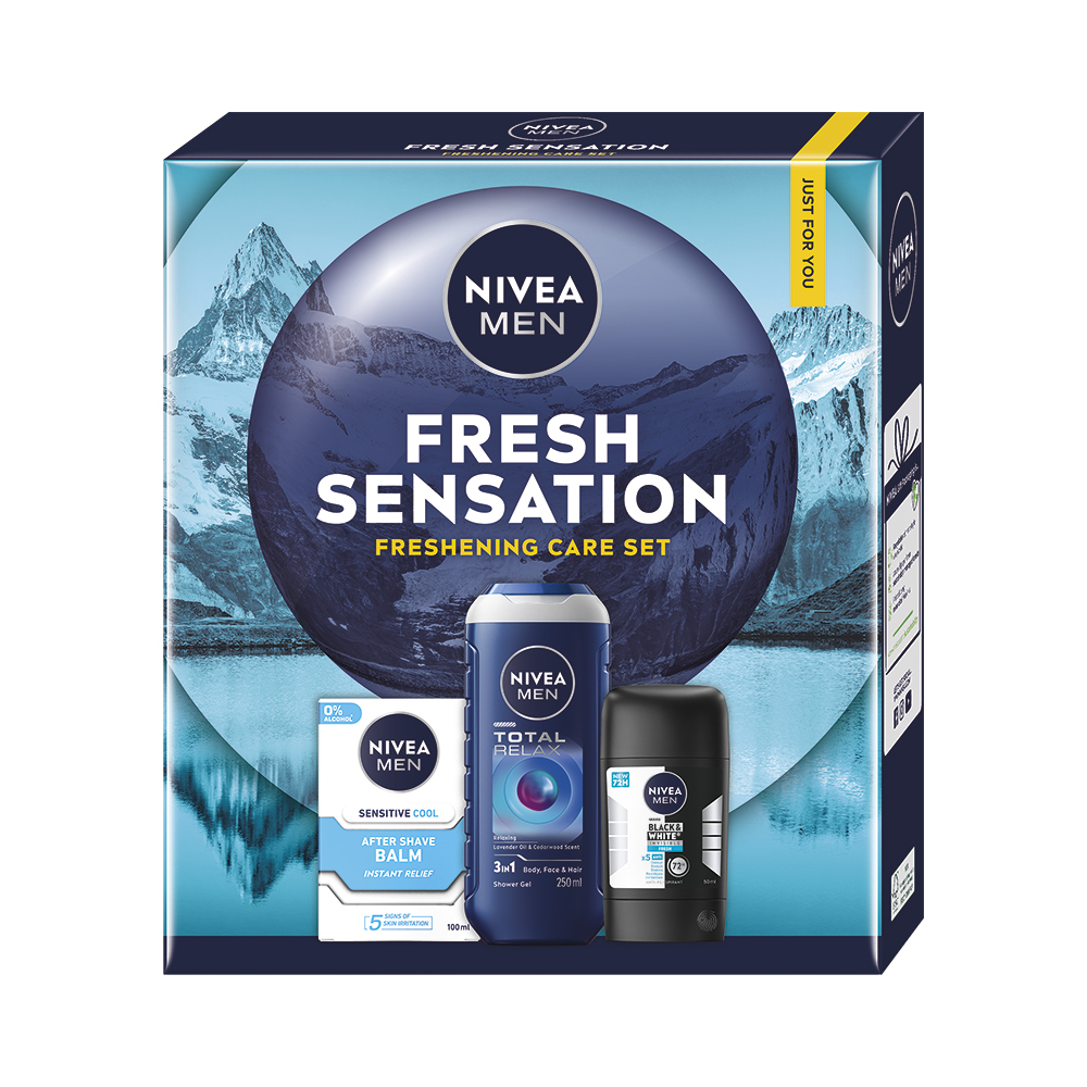 Kazeta: NIVEA M Sensitive Cool BPH 100ml+Roll-on B&W Inv. Fresh 50ml+SG Total Relax 250ml Ks