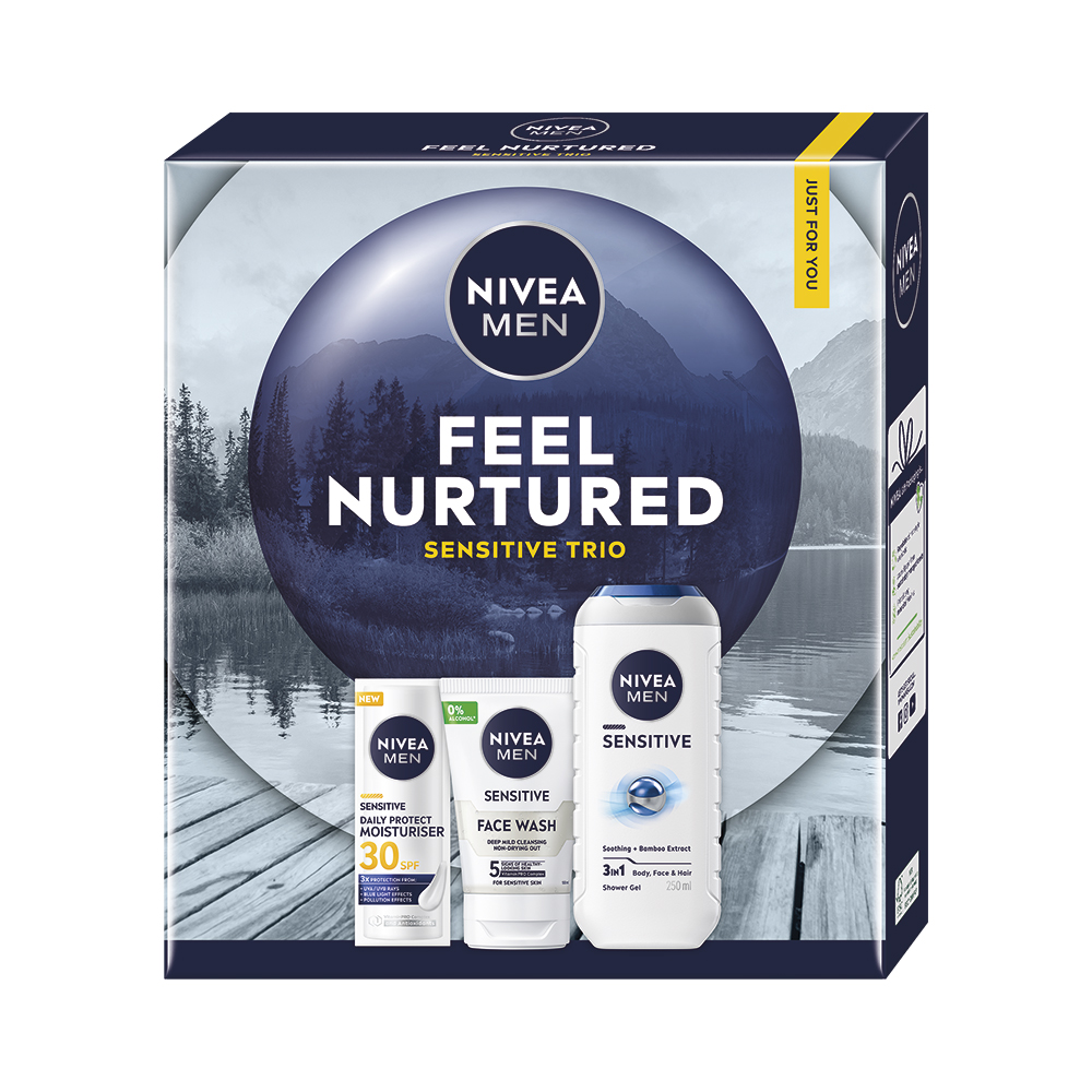 Kazeta: NIVEA M Krém Denný SPF30 50ml+Čistiaci gél Sensitive 100ml+SG Sensitive 250ml Ks