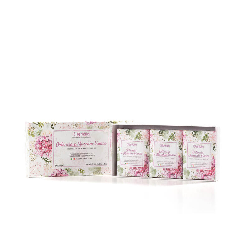 ITERITALIA Darčekový set rastlinných mydiel - Hortenzia a biely mach, 3x125 g
