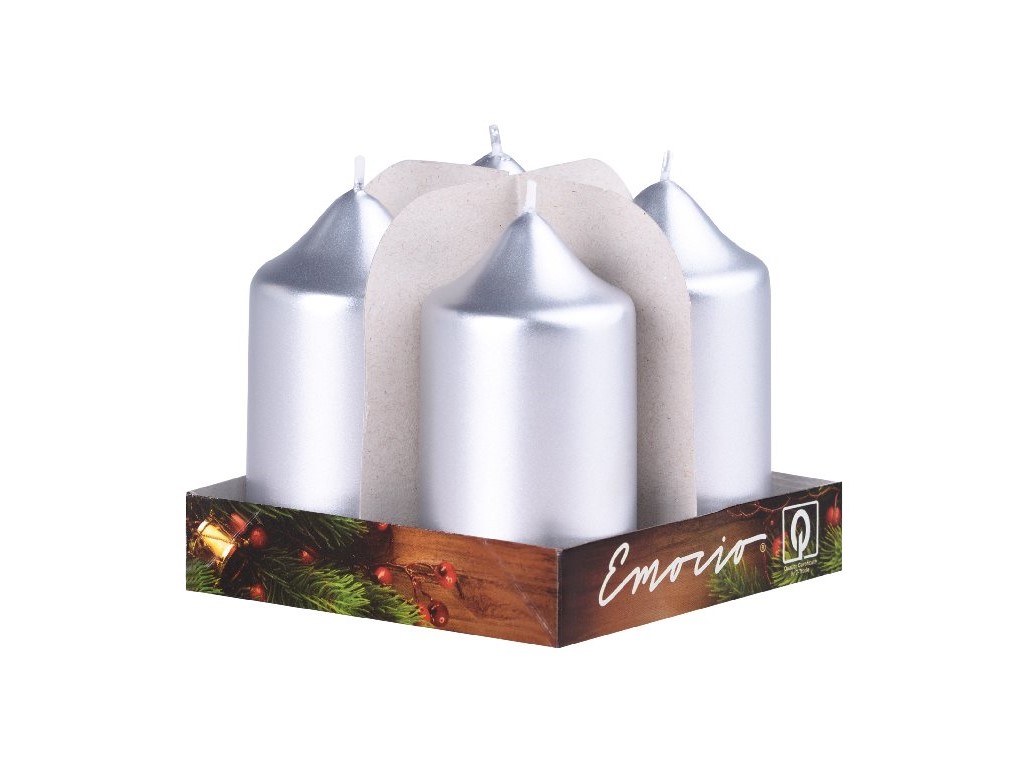 Emocio adventný valec 4ks 40x75 Metal strieborné sviečky