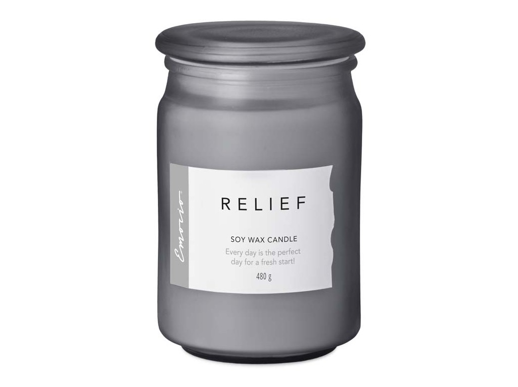 Emocio Wellness vonná sviečka so skleneným viečkom Relief, sójová 93x142mm