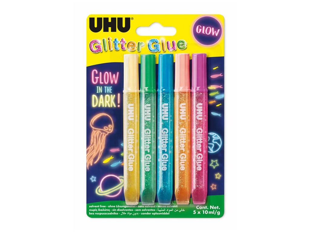 UHU gélové lepidlá Glitter Glue 5 x 10 ml Glow in the Dark