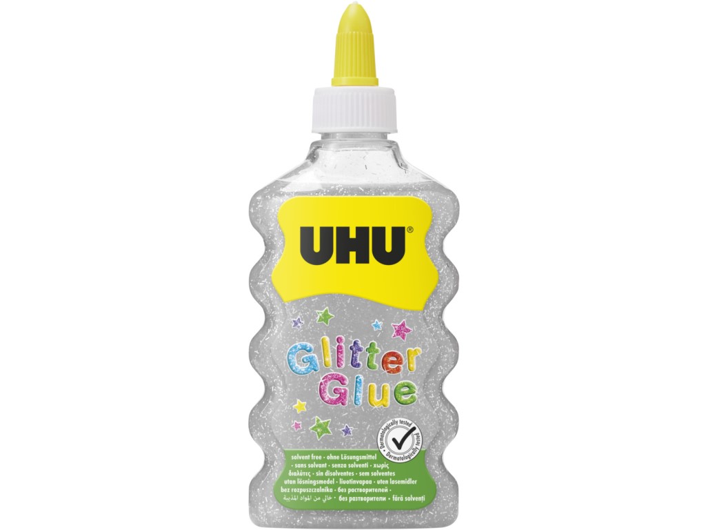 UHU Glitter Glue Silver Maxi trblietavé lepidlo pre dekorácie 185 g / 177 ml