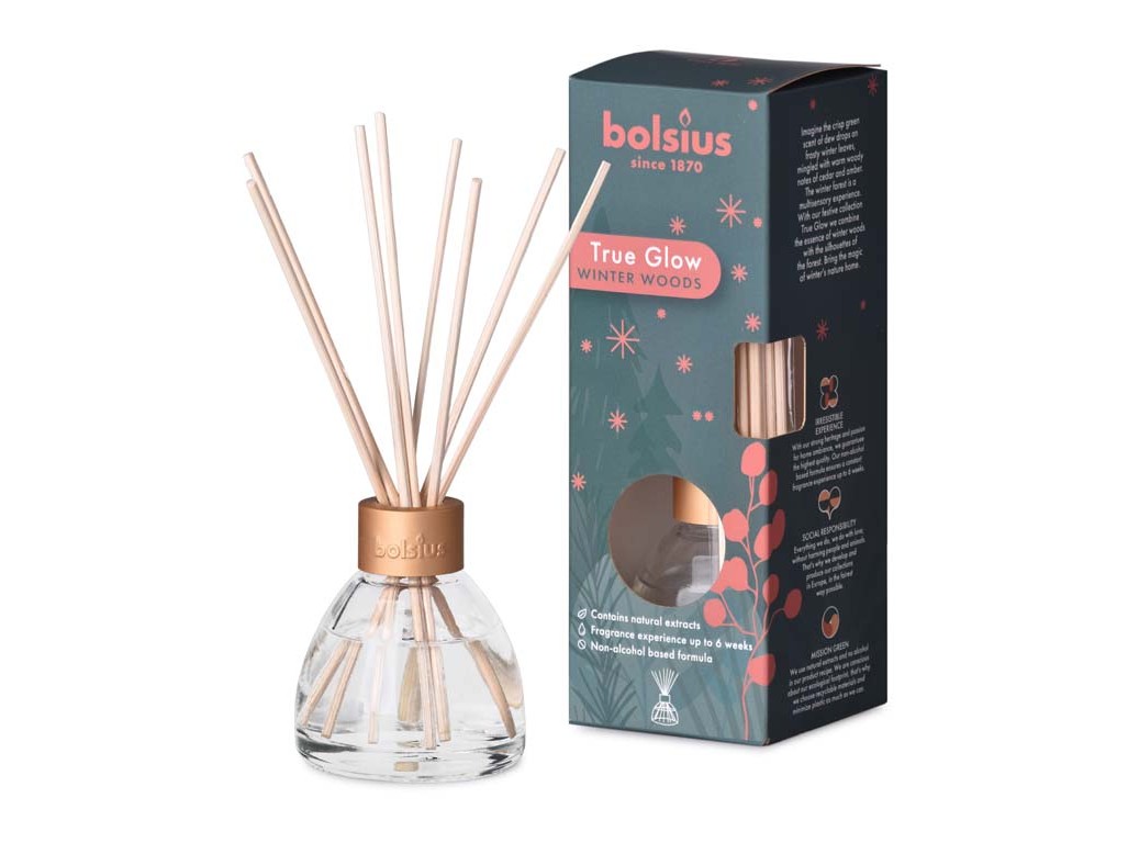 Bolsius True Glow Diffuser Winterwoods 45ml + vonné steblá