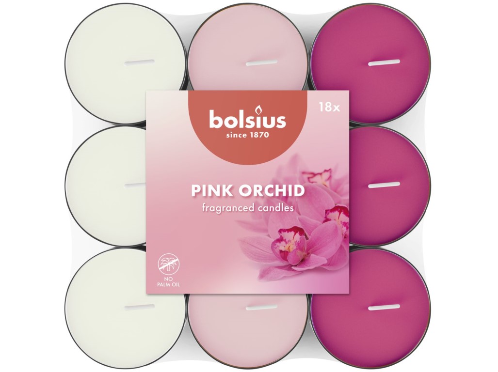 Bolsius Čajové Pink orchid basic, v trojfarebnom mixe, vonné sviečky 18ks