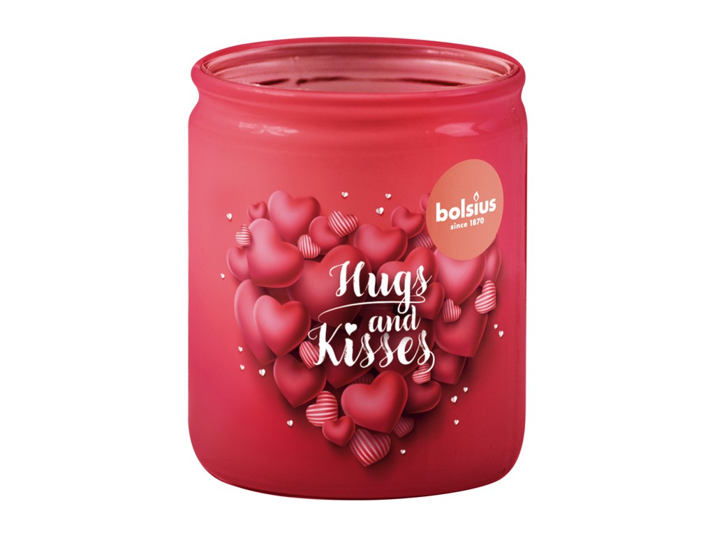 Bolsius Sklo Červené srdce s nápisom, Mango, vonná sviečka 68x80mm