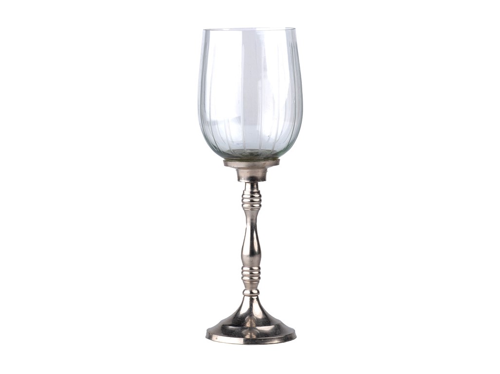 Sklenený svietnik na nožičke a čajovú sviečku číry so striebornou 95x300mm