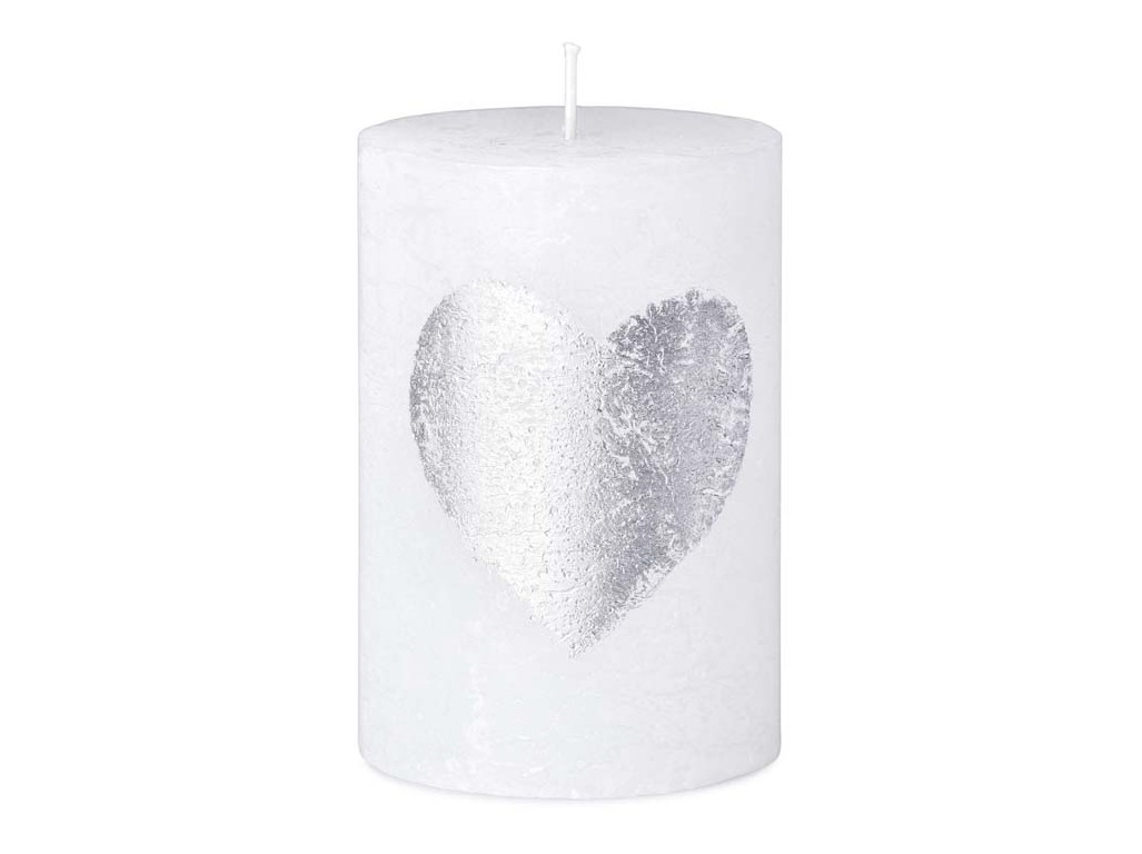 Rustikálny valec biela sviečka + srdiečko lak 70x100 mm