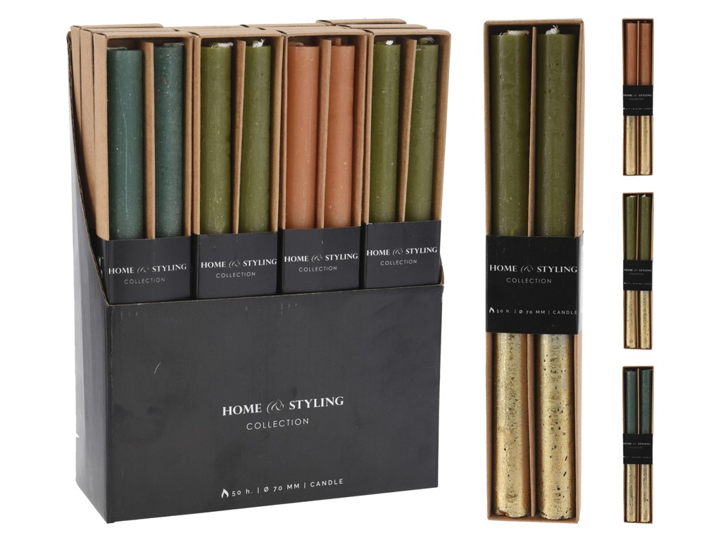 Rustikálne sviečky kónické 2 ks - 21x250 mm, metalické, mix farieb