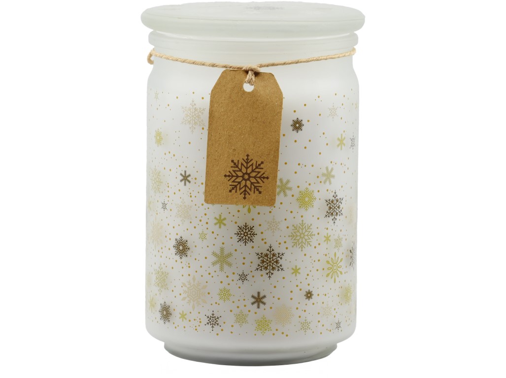 Emocio Vonná sviečka v skle Magic Snowing 93×142 mm so skleneným viečkom – bielo-zlatá