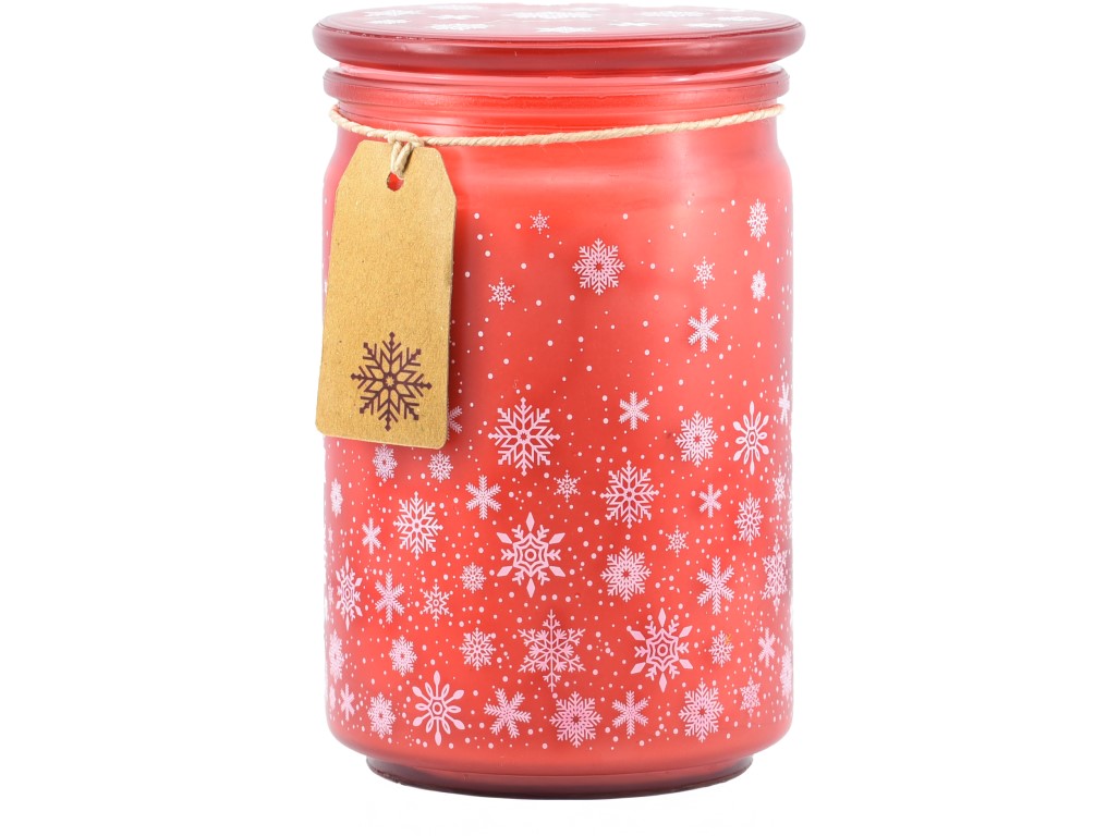 Emocio Vonná sviečka v skle Magic Snowing 93×142 mm so skleneným viečkom – červeno-biela