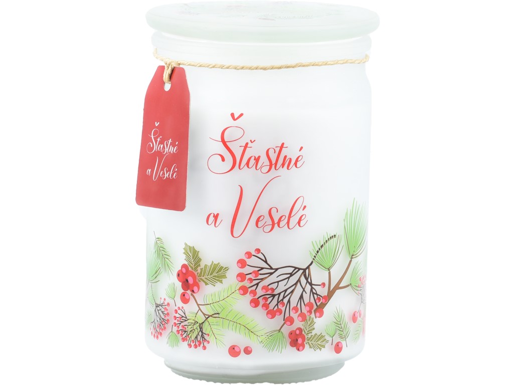 Emocio Vonná sviečka v skle Šťastné a veselé 93×142 mm so skleneným viečkom