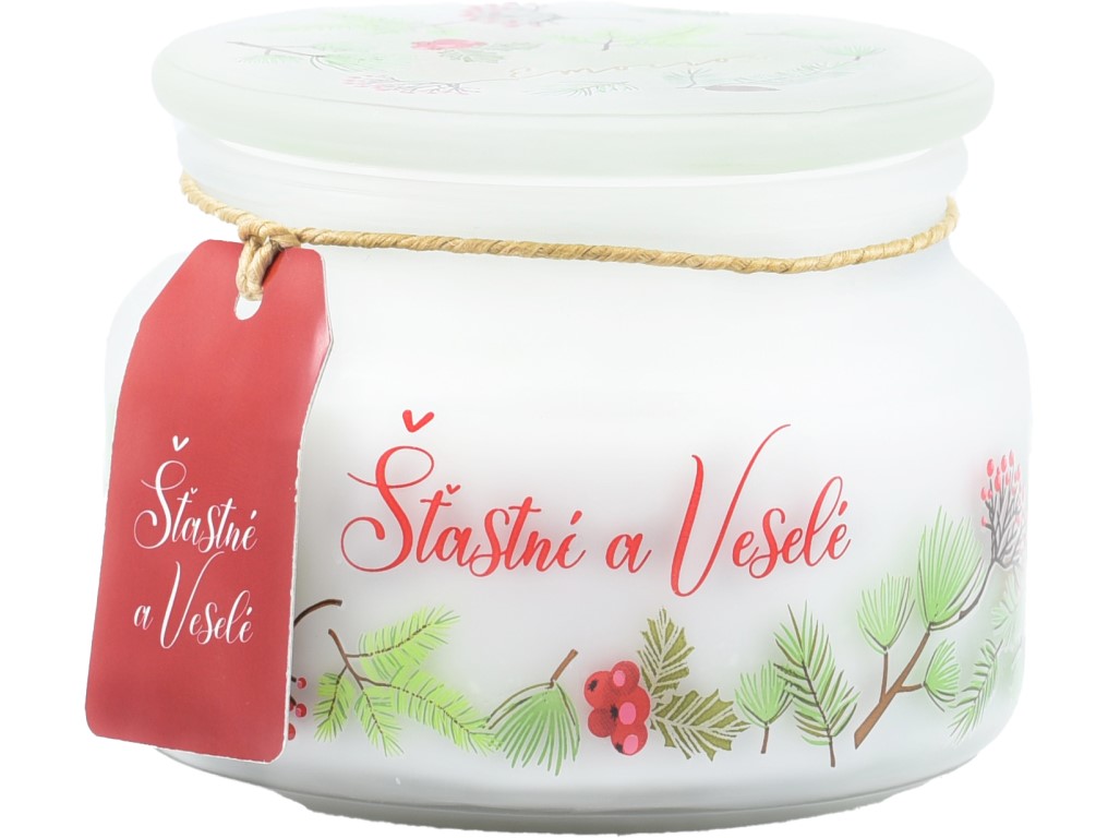 Emocio Vonná sviečka v skle Šťastné a veselé 100×79 mm so skleneným viečkom