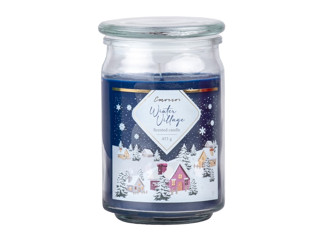 Emocio Winter Village – vonná sviečka v skle 93×142 mm so skleneným viečkom