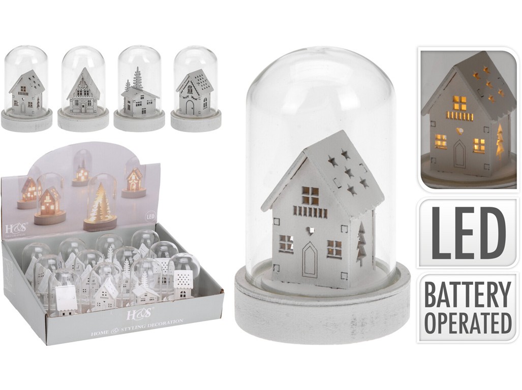 LED dekorácia drevený domček 55x90mm, mix, biela