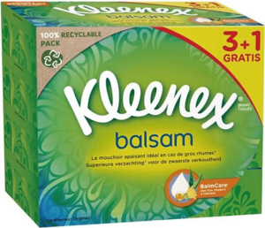 Kleenex Balsam 3vrstvové papierové vreckovky v krabičke, 4× 64 ks, 3+1