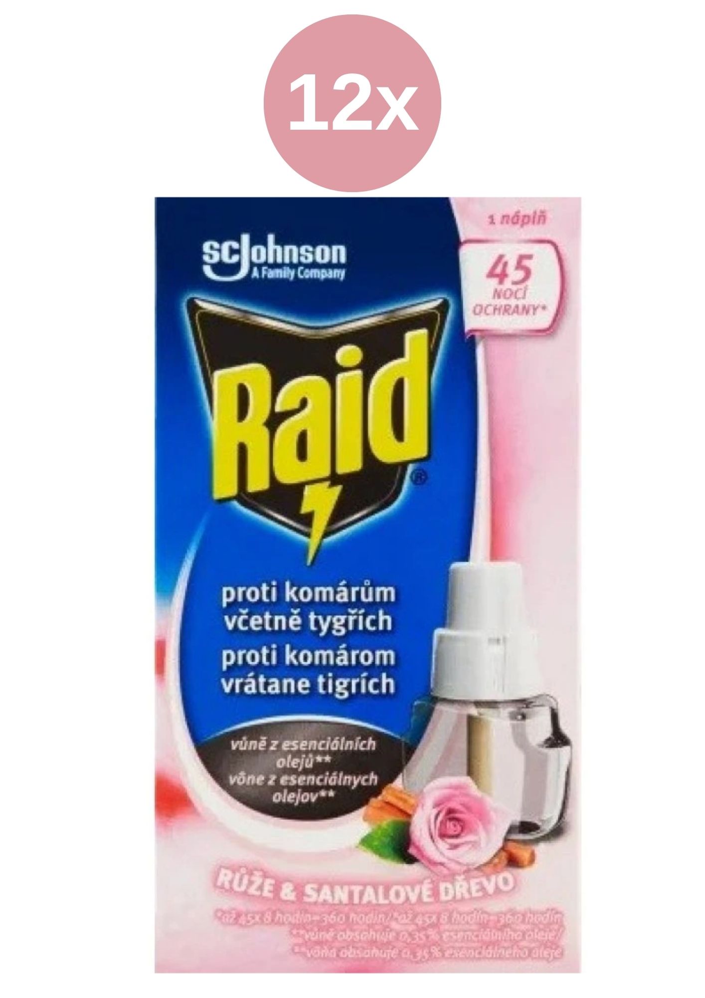 E-shop Raid odparovač tekutý proti komárom náhradná náplň do elektrického strojčeka ruže a santalové drevo 12x45 nocí 27 ml