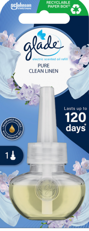 Glade Electric Scented Oil Pure Clean Linen - Vôňa čistej bielizne tekutá náplň do elektrického osviežovača vzduchu 20 ml