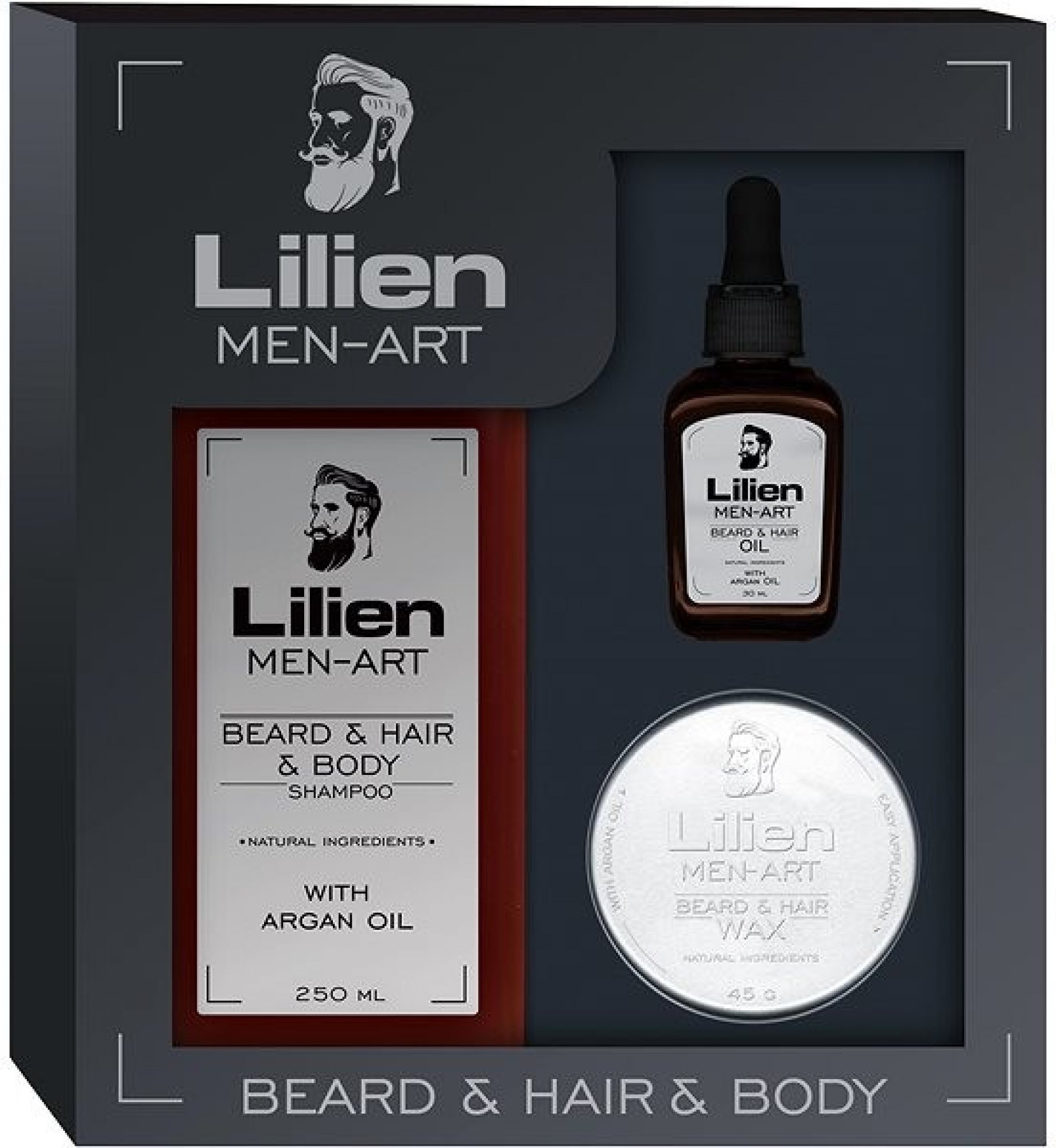 Lilien Men-Art Beard & Hair & Body Shampoo univerzálny šampón 250 ml + vyživujúci olej 30 ml + stylingový vosk na vlasy a fúzy 45 g darčeková sada