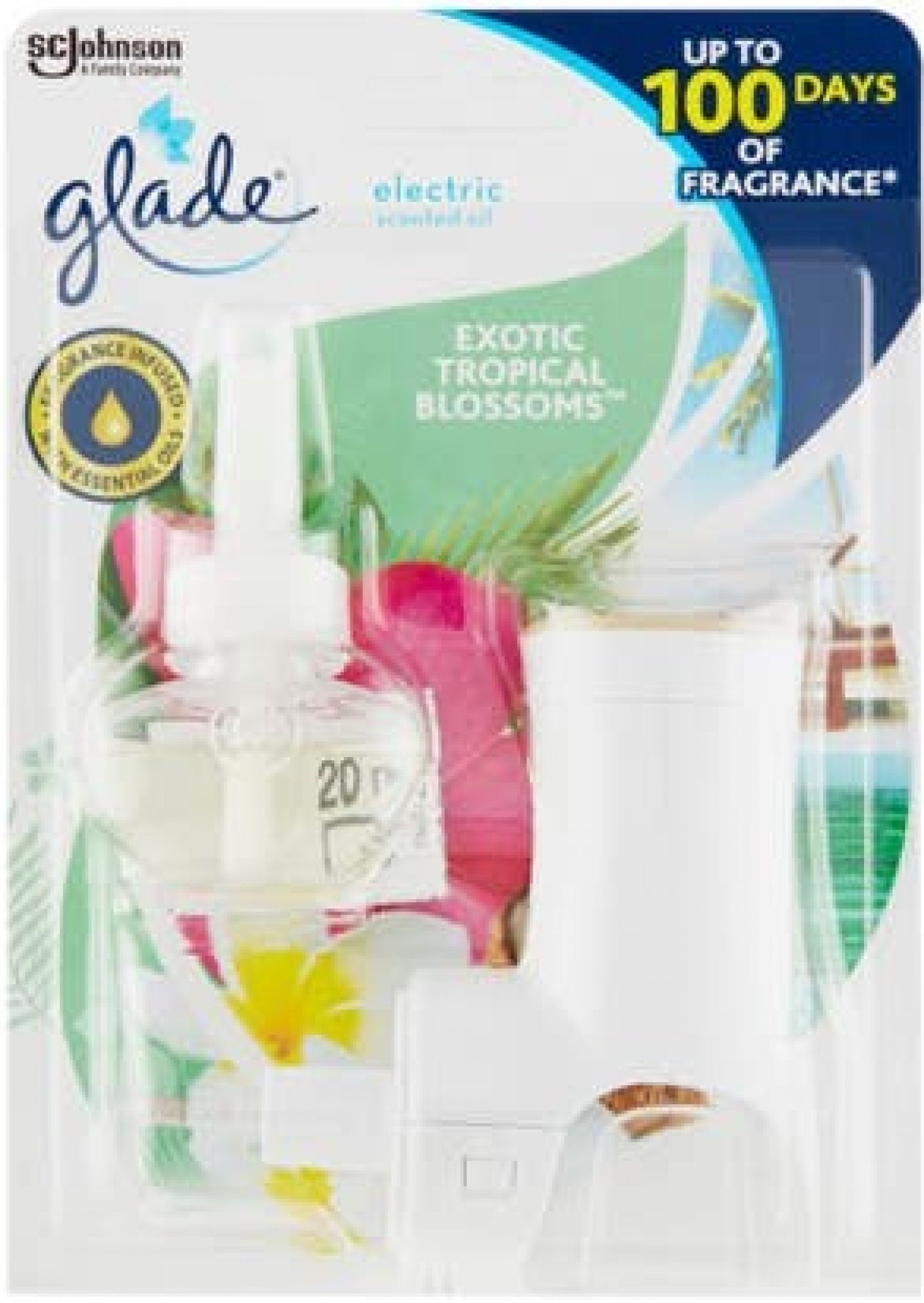 S.C.Johnson Glade Electric Scented Oil Exotic Tropical Blossoms vôňa s tónmi monoi kvetov a kokosového mlieka elektrický osviežovač vzduchu strojček s tekutou náplňou 20 ml