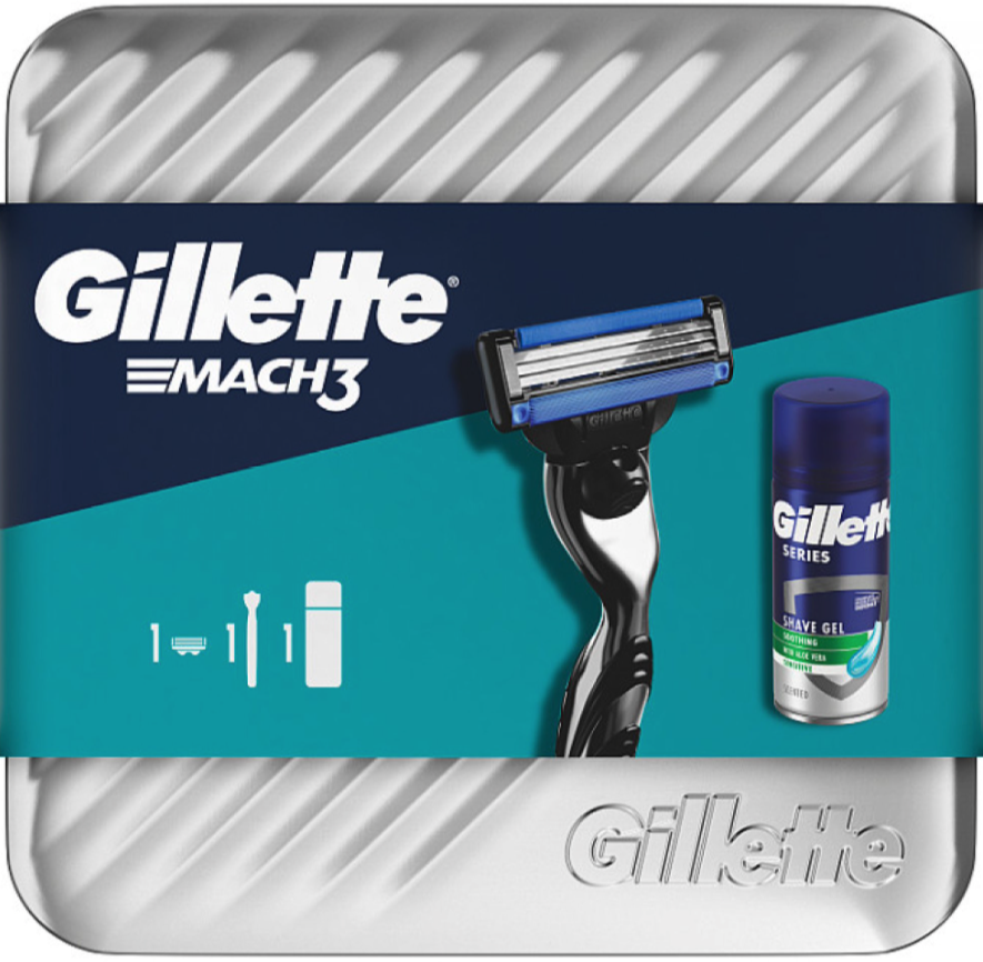 Procter & Gamble Gillette mach3(strojček+1hlavica/bli)+Mach3 cestovný gél 75ml sada v retro plechovom boxe