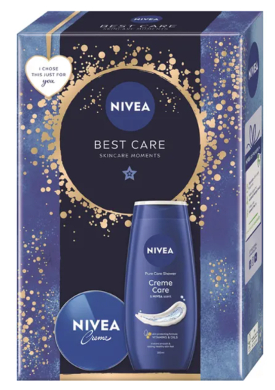 Nivea Best Care Creme Care ošetrujúci sprchový gél 250 ml + Nivea Creme krém pre základnú starostlivosť 75 ml, kozmetická sada