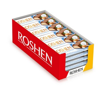 Roshen Mliečna čokoláda s kúskami mandlí a kokosovou náplňou Roshen Čokoládová tyčinka s arašidmi 30 x 38 g