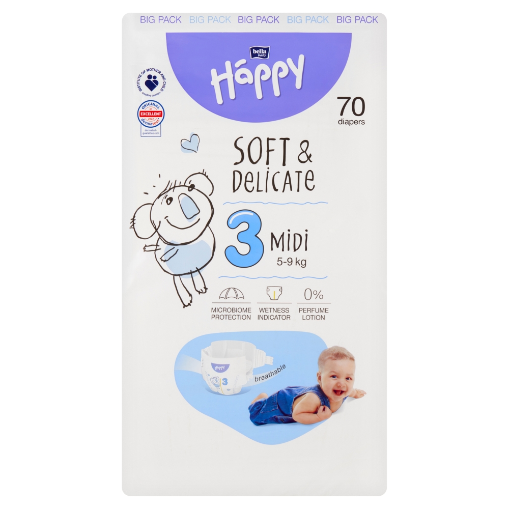 Bella HAPPY S&D veľ. 3 Midi 5-9 kg Big Pack 70 ks