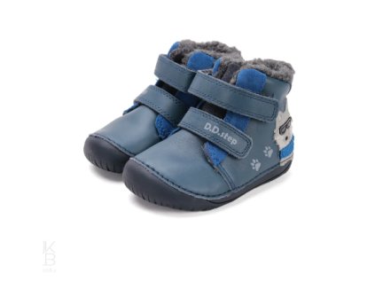 D.D.STEP detské chlapčenské zateplené kožené zimné topánky BAREFOOT Royal Blue Wolf, *070